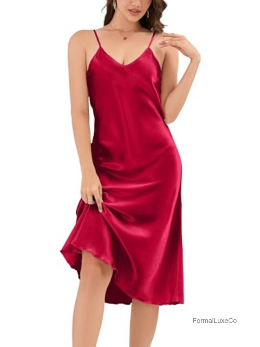 Midi Satin Slip Dress Adjustable Spaghetti Strap Nightgown Silky Under Dress